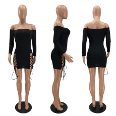 Sexy Slash Neck Long Sleeve Lace-Up Mini Dress PHF-1205