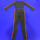 Sexy Slash Neck Side Stripe Long Sleeve 2 Piece Suits MEI-9201