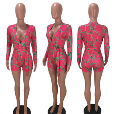 Sexy Printed Deep V Neck Long Sleeve Sashes Romper LM-8275