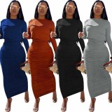 Solid Long Sleeve Ruched Maxi Skirt Two Piece Sets WY-6850
