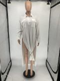 White Long Sleeve Turndown Collar High Split Maxi Dress RUF-8942