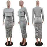 Solid Long Sleeve Ruched Maxi Skirt Two Piece Sets WY-6850