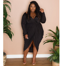 Plus Size Solid V Neck Folds Long Sleeve Midi Dress NNWF-7300