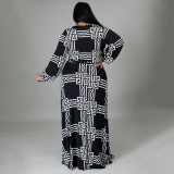 Plus Size Printed V Neck Long Sleeve Maxi Dress NNWF-7310