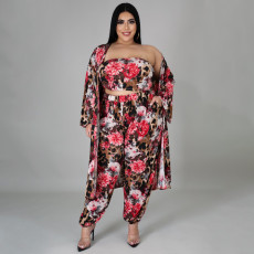 Plus Size Floral Print Tube Top+Long Cloak+Pants 3 Piece Sets NNWF-7303