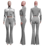 Solid Velvet Zipper Long Sleeve Top Flare Pants 2 Piece Suits NIK-263