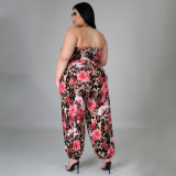 Plus Size Floral Print Tube Top+Long Cloak+Pants 3 Piece Sets NNWF-7303