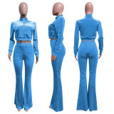 Solid Velvet Zipper Long Sleeve Top Flare Pants 2 Piece Suits NIK-263