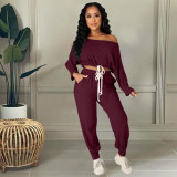 Sexy Solid Drawstring Long Sleeve 2 Piece Pants Set HM-6528