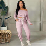 Sexy Solid Drawstring Long Sleeve 2 Piece Pants Set HM-6528