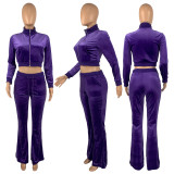 Solid Velvet Long Sleeve Zipper Top Flared Pants 2 Piece Sets CH-8191