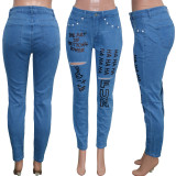 Denim Letter Print Hole High Waist Skinny Jeans SH-390204