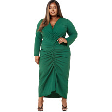 Plus Size Solid Long Sleeve V Neck Ruched Maxi Dress YMEF-5037