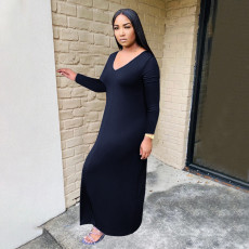 Plus Size Solid Long Sleeve Loose Maxi Dress QSF-51041