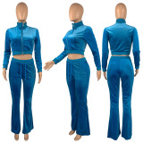 Solid Velvet Long Sleeve Zipper Top Flared Pants 2 Piece Sets CH-8191