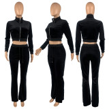 Solid Velvet Long Sleeve Zipper Top Flared Pants 2 Piece Sets CH-8191