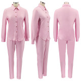Plus Size Solid Long Sleeve Blouse And Pants 2 Piece Sets HNIF-051