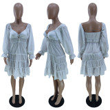 White Lace-Up Long Sleeve Mini Dress YNB-7216