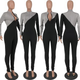 Casual Patchwork Zipper Long Sleeve Tight Jumpsuit YH-5241