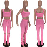 Sexy Solid Vest Top Split Hole Stacked Pants 2 Piece Sets LM-8283