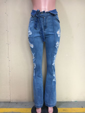 Denim Ripped Mid-Waist Sashes Flared Jeans ORY-5175-1