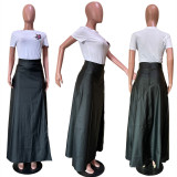Black PU Leather High Split Maxi Skirt OLYF-6075