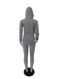 Solid Hooded Split Long Sleeve 2 Piece Pants Set QHF-8663