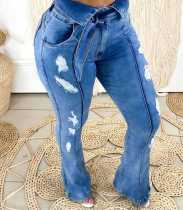Denim Ripped Mid-Waist Sashes Flared Jeans ORY-5175-1