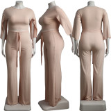 Plus Size Fat MM Solid Split Sleeve Two Piece Pants Set YS-8824