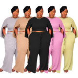 Plus Size Fat MM Solid Split Sleeve Two Piece Pants Set YS-8824