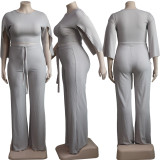Plus Size Fat MM Solid Split Sleeve Two Piece Pants Set YS-8824