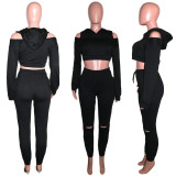 Solid Hooded Cold Shoulder Crop Top+Hole Pants 2 Piece Suits SH-390003