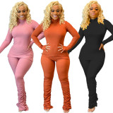 Solid Long Sleeve Turtleneck Stacked Pants 2 Piece Sets XYF-9116