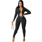 Solid Long Sleeve Lace-Up Two Piece Pants Set ZNF-9108