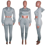 Solid Hooded Cold Shoulder Crop Top+Hole Pants 2 Piece Suits SH-390003