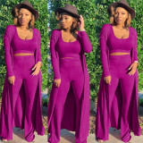 Plus Size Solid Ribbed Long Cloak+Tank Top+Pants 3 Piece Sets SH-403