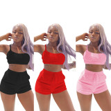 Solid Plush Vest Top And Shorts 2 Piece Sets TE-4325