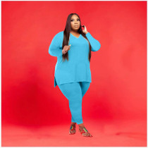 Plus Size Solid V Neck Long Sleeve Two Piece Pants Set WAF-77262