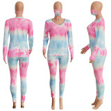Plus Size Tie Dye Print V Neck Long Sleeve 2 Piece Suits With Mask SH-3891