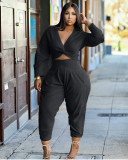 Plus Size Solid Knotted Long Sleeve 2 Piece Pants Set XYMF-XY68016