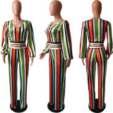 Colorful Striped Long Sleeve Two Piece Pants Set HMS-5508