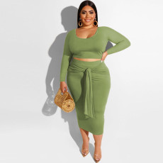 Plus Size Solid Long Sleeve Midi Skirt Two Piece Sets SMD-82083