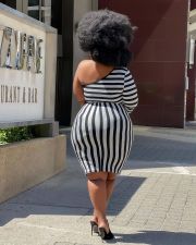 Plus Size Striped One Shoulder Sashes Bodycon Dress QSF-51042