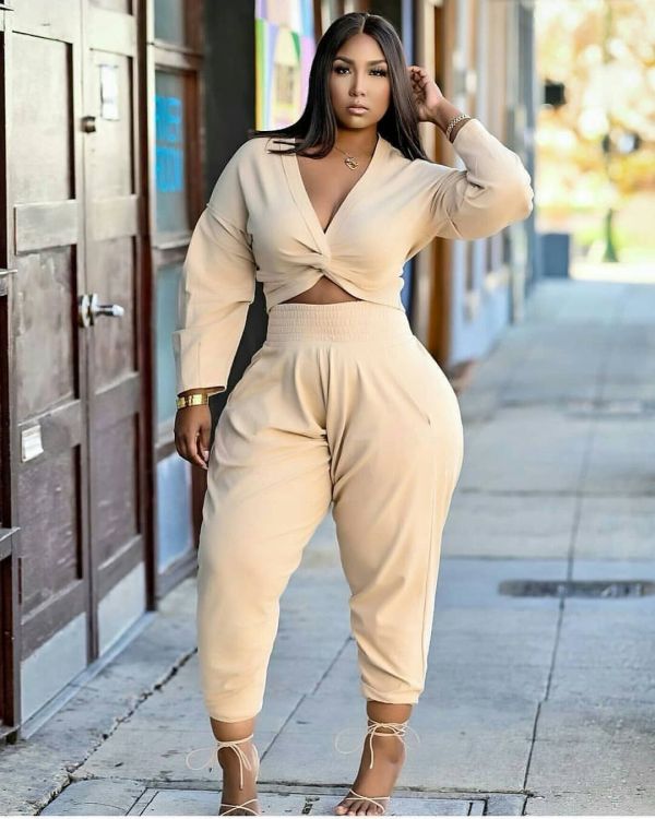 Plus Size Solid Knotted Long Sleeve 2 Piece Pants Set XYMF-XY68016