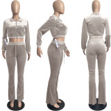 Solid Velvet Long Sleeve Zipper 2 Piece Pants Set FSL-F171