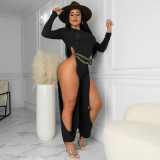 Sexy High Split Bare Legs Long Sleeve Club Jumpsuit (Without Belt) IV-8248
