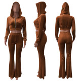 Solid Velvet Hooded Zipper Long Sleeve Flared Pants 2 Piece Sets NIK-264