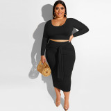 Plus Size Solid Long Sleeve Midi Skirt Two Piece Sets SMD-82083