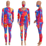 Plus Size Tie Dye Print V Neck Long Sleeve 2 Piece Suits With Mask SH-3891