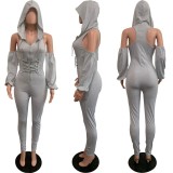 Sexy Solid Hooded Off Shoulder Zipper Jumpsuit AWYF-L754